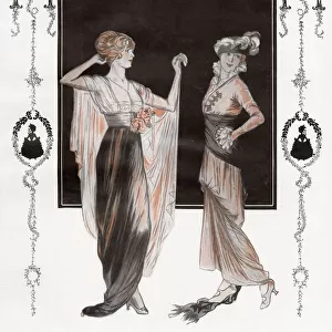 Two fashionable women wearing elegant afternoon and evening dresses with sashes