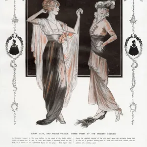 Two fashionable women wearing elegant afternoon and evening dresses with sashes