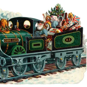 Father Christmas in a train on a Victorian scrap