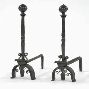 Fire Dogs Print: Wrought Iron Fire Dogs with Brass Finials Fire Dogs Print: Wrought Iron Fire Dogs with Brass Finials