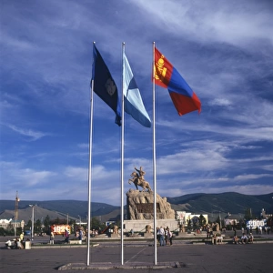 Flags and Memorial at Ulaanbaatar, Mongolia