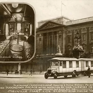 Flatavan (Super Caravan) of Melville Hart & Co. of St. Stephens House, Westminster leaving Buckingham Palace, London. Flatavans were able to provide sleeping and dining facility for sixteen persons