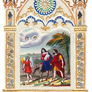 Flight into Egypt on a paper lace Christmas card