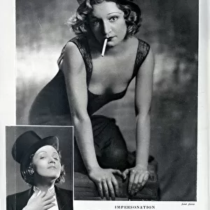 Florence Desmond, impersonator, as Marlene Dietrich, in top hat, with cigarette. With description, Florence Desmond is one of the cleverest impersonators there are about at present, and her "Hollywood tea-party" series is brilliant