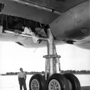 The four-wheel main landing gear of a Convair B-36