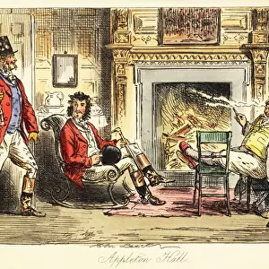 Fox hunters relaxing before a fire in a grand mansion