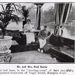 Fred Karno, music hall star, pictured in the well-appointed living room of his house-boat
