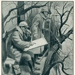 French Commander directing operations from tree top 1917