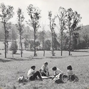 French cub scouts, three boys and a girl, in a field