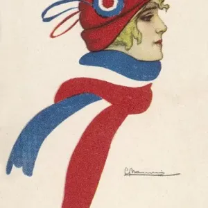 French Flag-Scarf Print: Young Woman in Tricolour Attire French Flag-Scarf Print: Young Woman in Tricolour Attire