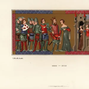 French knights and ladies in front of a castle, 14th century