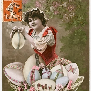 French lady with a basket of large Easter eggs