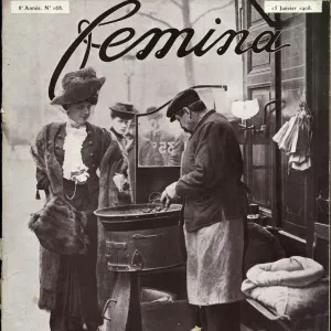 French street trader selling hot roasted chestnuts 1908