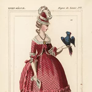 French woman in court costume with parrot