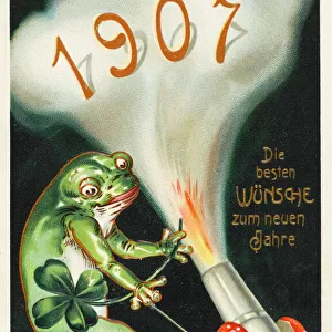 Frog celebrating the arrival of 1907 by firing a cannon