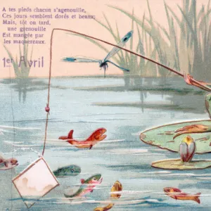 Frog fishing on a French April Fool postcard