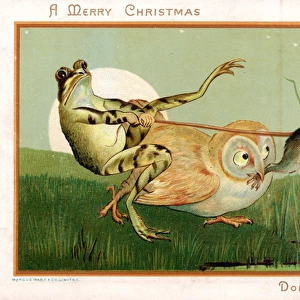 Frog, owl and mouse in moonlight on a Christmas card