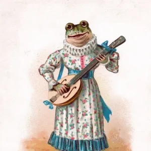 Frog playing a mandolin on a French postcard