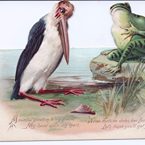 Frog and stork on a cutout Christmas card