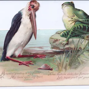 Frog and stork on a cutout Christmas card