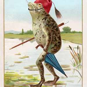Frog with umbrella and smoking cap on a Christmas card