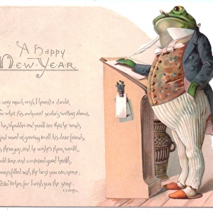 Frog at a writing desk on a New Year card