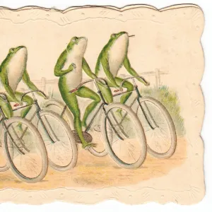 Four frogs on bicycles on a Christmas card