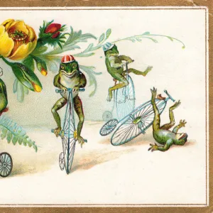 Four frogs on bicycles with flowers on a greetings card