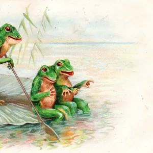 Three frogs boating on a lily leaf on a postcard