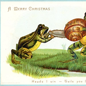 Two frogs fighting over a snail on a Christmas card