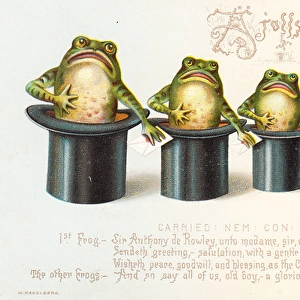 Five frogs in top hats on a Christmas card