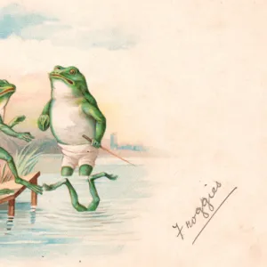 Frogs having a swimming lesson on a greetings postcard