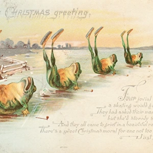 Four frogs ice skating on a Christmas card