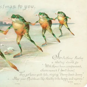 Four frogs ice skating on a Christmas card