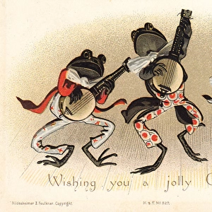 Three frogs playing banjos on a Christmas card