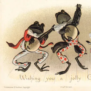 Three frogs playing banjos on a Christmas card