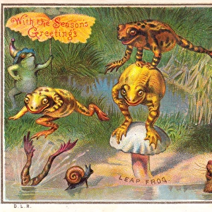 Frogs playing leapfrog on a Christmas card