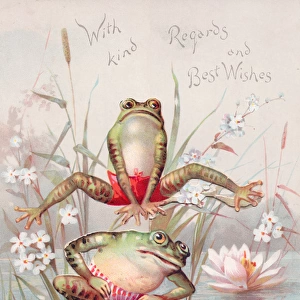 Two frogs playing leapfrog on a greetings card