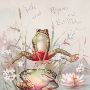 Two frogs playing leapfrog on a greetings card