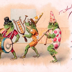 Three frogs playing music on an April Fool postcard
