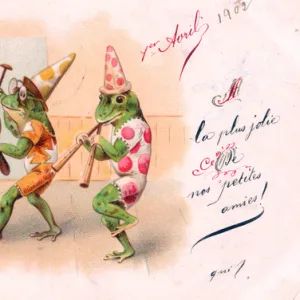 Three frogs playing music on an April Fool postcard