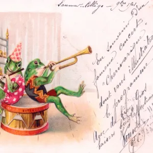 Three frogs playing music on a French greetings postcard