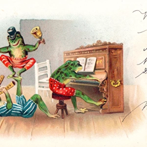Three frogs playing music on a German postcard