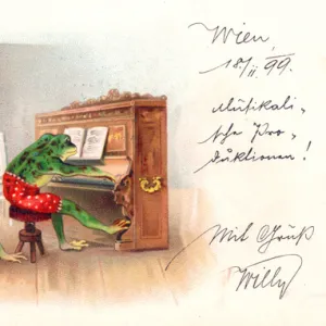 Three frogs playing music on a German postcard