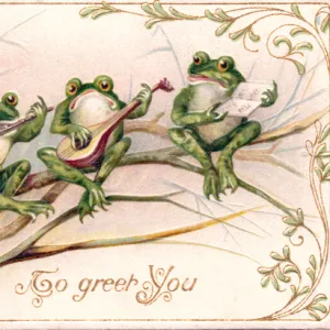 Three frogs playing music on a greetings postcard