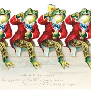 Frogs snowballing on a New Year card, with holly round