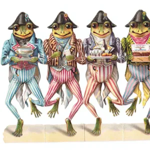 Four frogs in stripy costumes on a cutout Christmas card