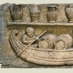 Gallo-Roman low-relief. Ferrying wine barrels