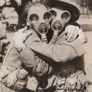 Gas drill in Australia, two people in gas masks, WW1