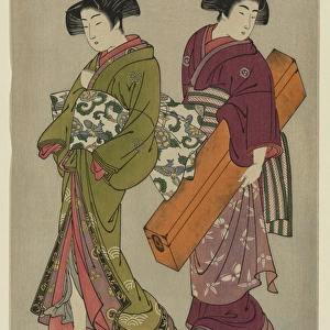Geisha and a servant carrying her koto